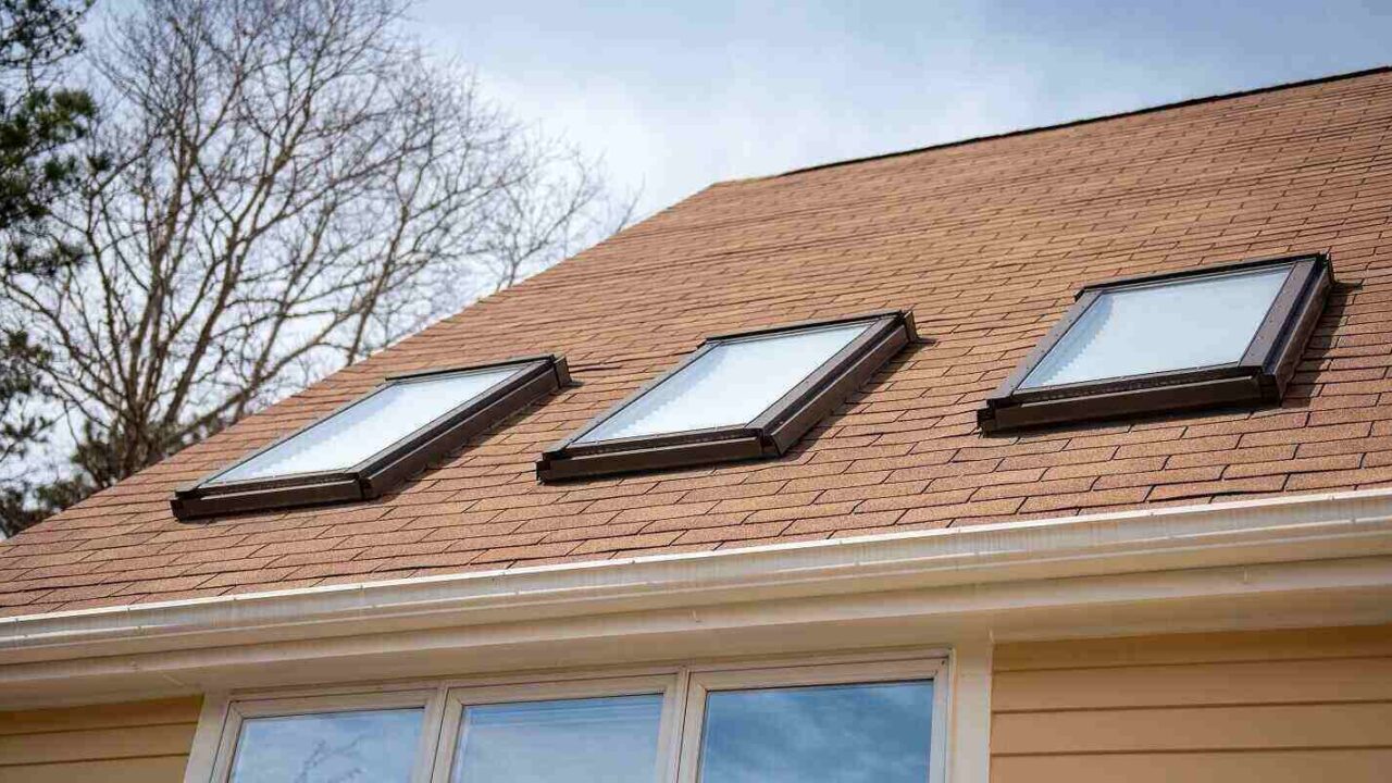 triple skylights on red roof with yellow siding and blue sky with trees