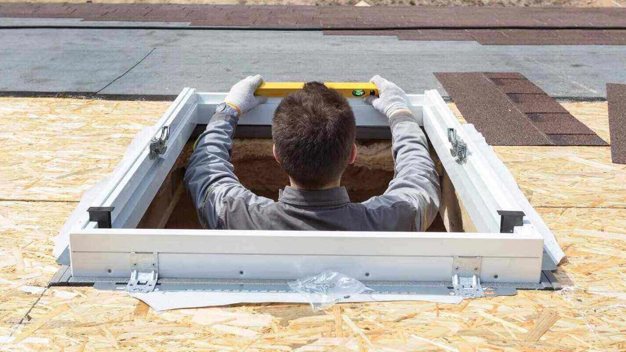 worker on a asphalt shingle roof installing new plastic