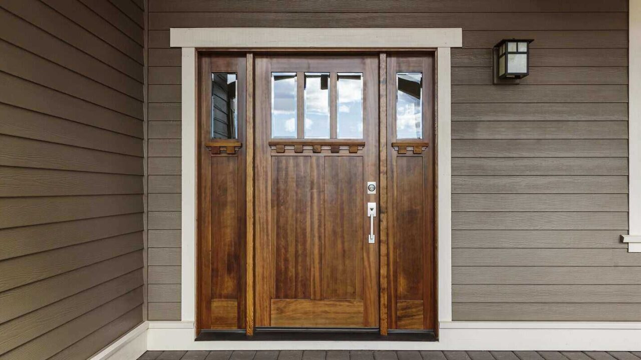 home front door with brown horizontal siding