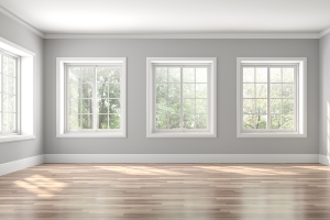 Classical empty room interior 3d render,The rooms have wooden floors and gray walls ,decorate with white moulding,there are white window looking out to the nature view.